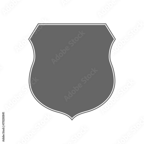 Shield shape icon. Gray label sign, isolated on white background. Symbol of protection, arms, security, safety. Flat retro style design. Element vintage heraldic emblem. Vector illustration
