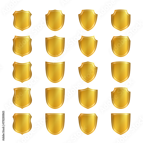 Gold shield shape icons set. 3D golden emblem signs isolated on white background. Symbol of security, power, protection. Badge shape shield graphic design Vector illustration