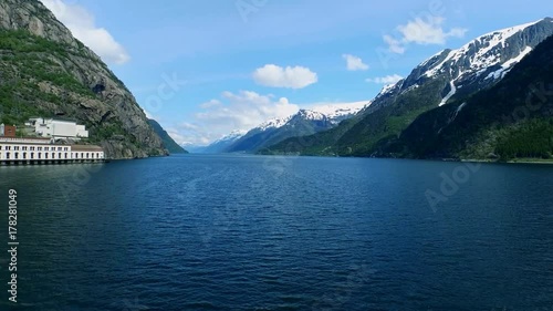 View of the mountains with snow-capped peaks. Tyssedal Museum of Hydropower and Industry. Hardanger fjord. The nature of Norway.
