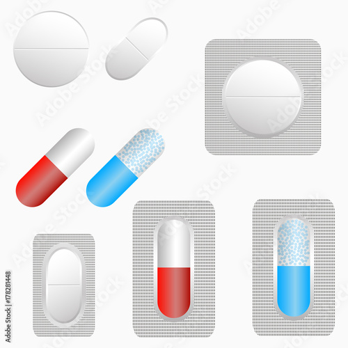 Pills, set of tablets and capsule. Medicines in blister pack. Vector illustration.