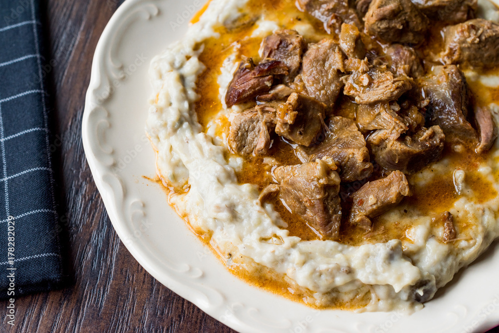 Turkish Food Hunkar Begendi made with Eggplant and Meat. Turkish Food Hunkar Begendi made with Eggplant and Meat.