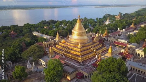 4K Aerial: view at the ancient Shwezigon Pagoda,the main tourist destination of Bagan, Myanmar (Burma)