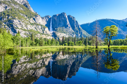Yosemite National Park - Reflection in Merced River of Yosemite waterfall and beautiful mountain landscape, California, USA