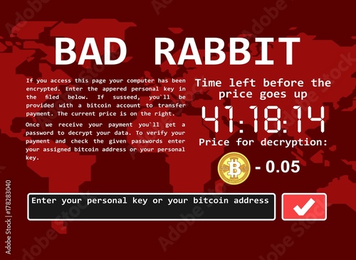 Bad rabbit ransomware computer virus encrypter cyber attack screen vector illustration