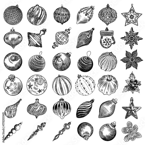 Set of Christmas ornamental glass ball decoration elements for hanging on the tree isolated on white background. Hand drawn Holiday evening bubble toy for New year decorations with garlands. Vector.