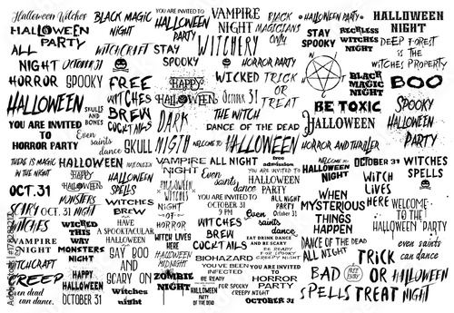 Big Halloween set of  over 100 handmade scary quotes brush and font typography. For holiday design card decor spooky phrase and flyers. Modern Halloween calligraphy vector.