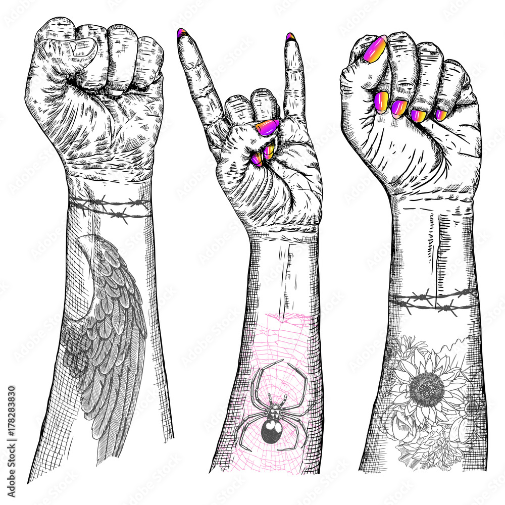 Set of victory, freedom power, riot and revolution, rock music, concept ...