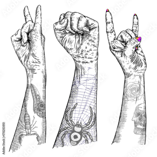 Set of Rock and Roll music hand sign. Hand drawn girl and guy style fist demon symbol. Female and male wrist evil finger gesture. Woman and man hands with flesh tattoos showing Satan sign. Vector.