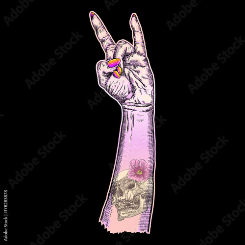Pink gothic emo girl hand in rock n roll sign with human skull and flower flash tattoo. Rock and metal music poster. Female feminine wrist or fist with gesture of demon, evil, Satan. Vector.