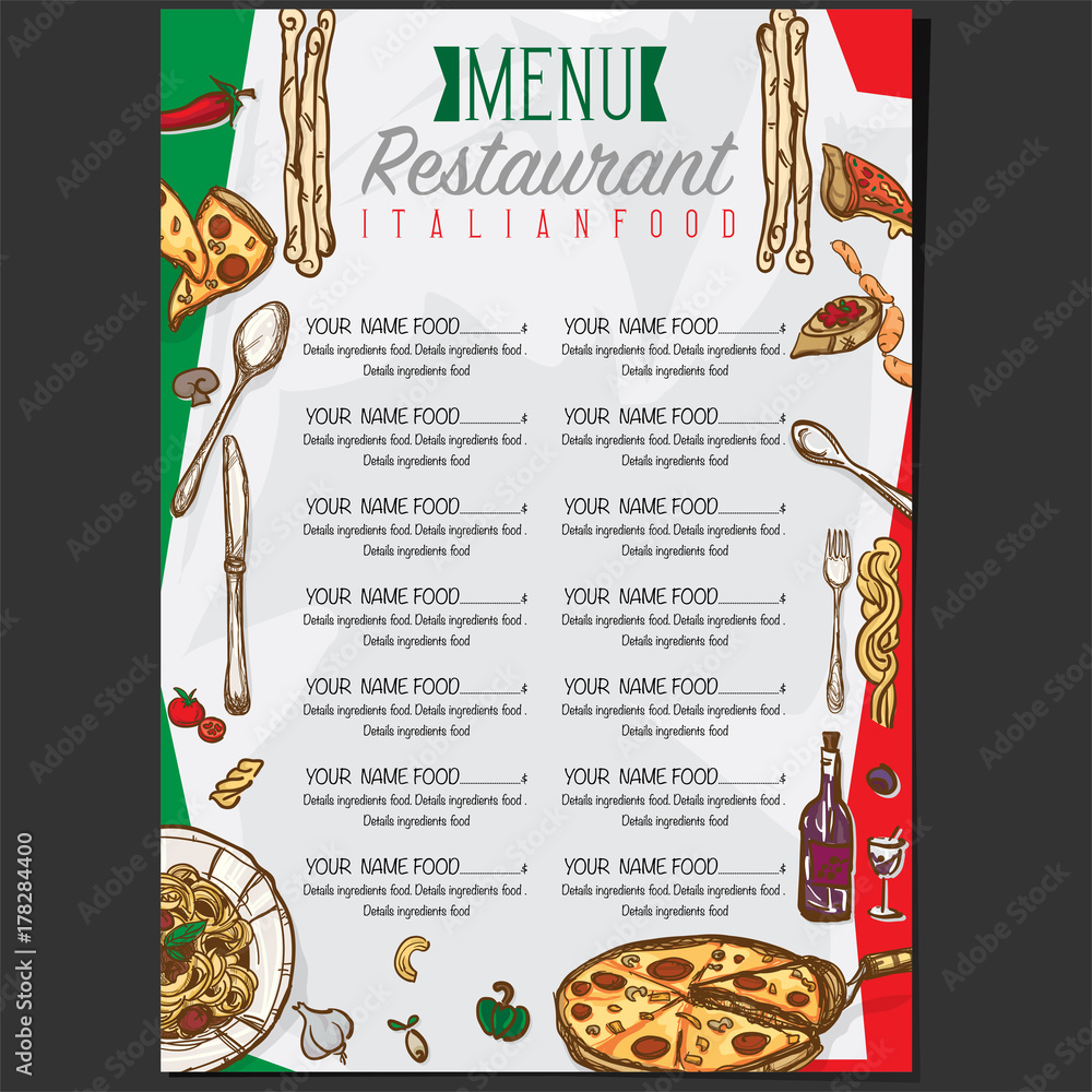 menu italian food template design hand drawing graphic Stock Vector ...