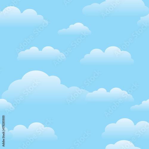 Seamless repeating pattern of fluffy white cartoon clouds on a sunny blue sky background