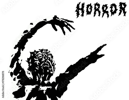 Spooky demon stretches to his victim. Vector illustration.