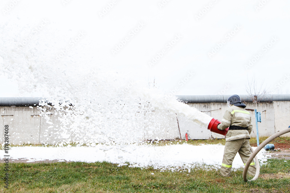 Fototapeta premium Firefighters extinguish the fire with a chemical foam coming from the fire engine through a hose