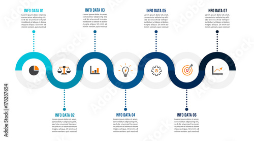 Template Timeline Infographic colored horizontal numbered for seven position can be used for workflow, banner, diagram, web design, area chart