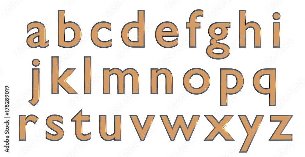 Lowercase golden 3D alphabet. White background.