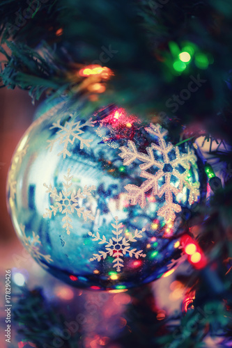 Blue decorative ball on Christmas tree
