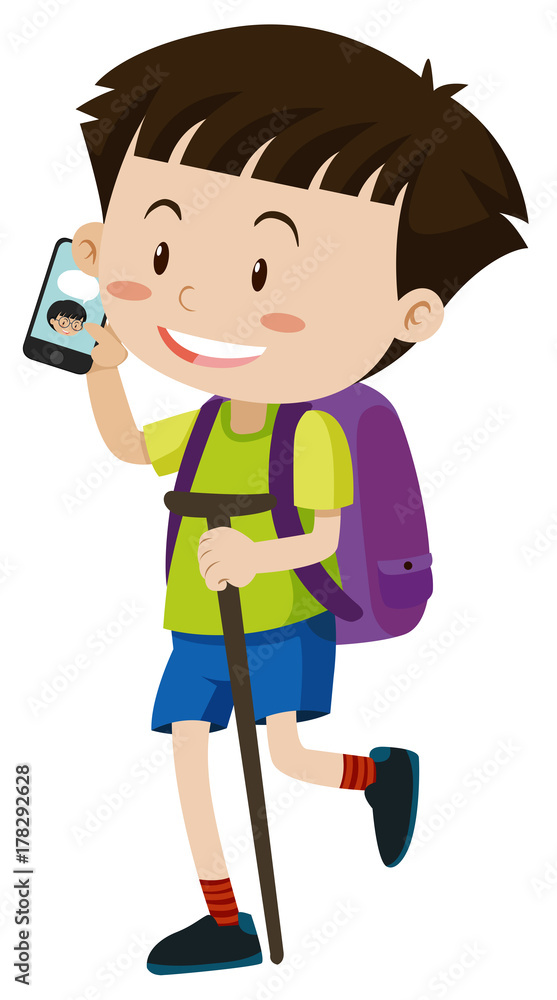 Little boy with purple backpack talking on phone Little boy with purple backpack talking on phone
