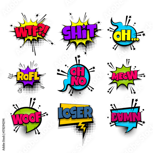 wtf shit meow woof loser set lettering. Comics book balloon. Bubble icon speech pop art phrase. Cartoon font label tag expression. Comic text sound effects. Vector illustration.