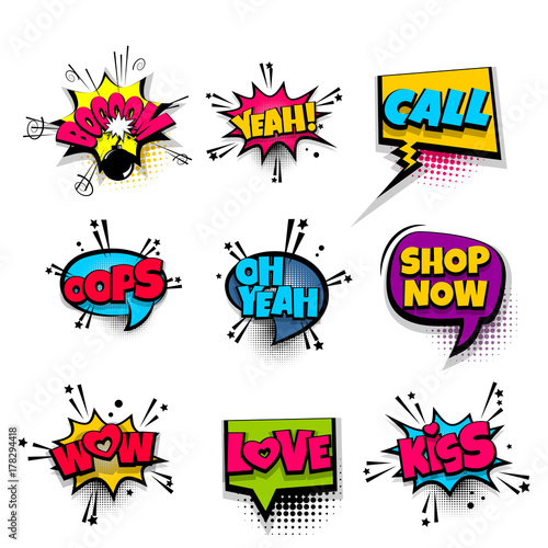 boom bomb oops love wow set lettering. Comics book balloon. Bubble icon speech pop art phrase. Cartoon font label tag expression. Comic text sound effects. Vector illustration.