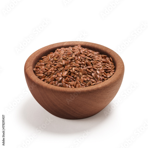 Flax seeds, Linseed, Lin seeds close-up brown flax seed or linseed in a wooden bowl, isolated on white.