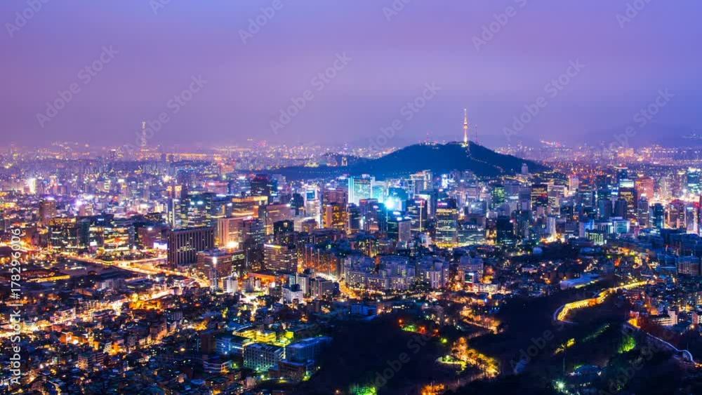 Cityscape of Seoul with Seoul tower at night, South Korea. Cityscape of Seoul with Seoul tower at night, South Korea.
