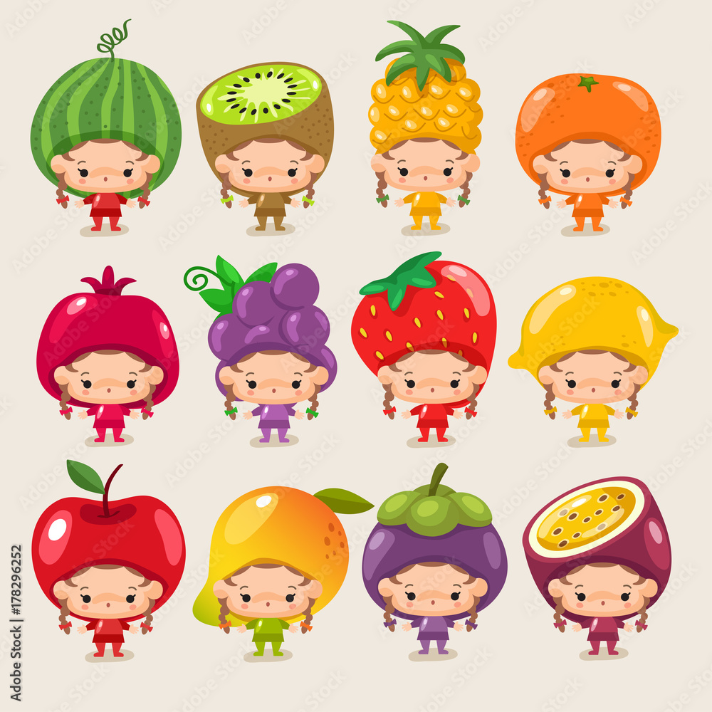 Boy and girl wearing Fruit shaped hat : Vector Illustration Boy and girl wearing Fruit shaped hat : Vector Illustration