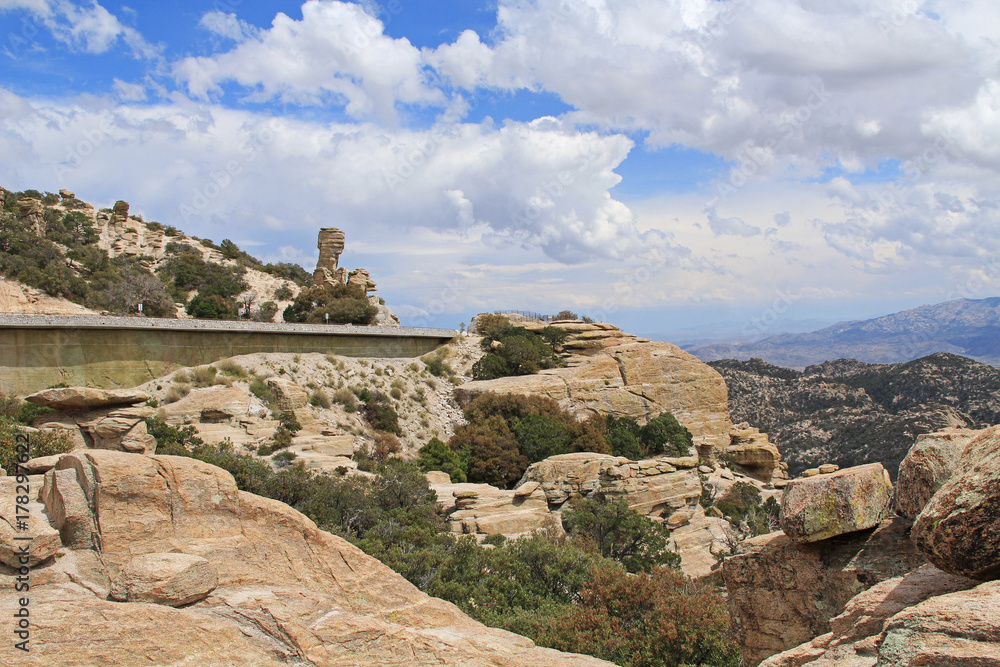 View of hoodoo from Windy Point on Mount Lemmon in Tucson, Arizona, USA in the Santa Catalina Mountains located in the Coronado National Forest with blue cloudy sky copy space.