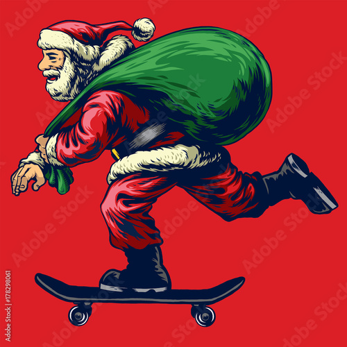 santa claus riding skateboard while bringing a full bag of christmas gifts