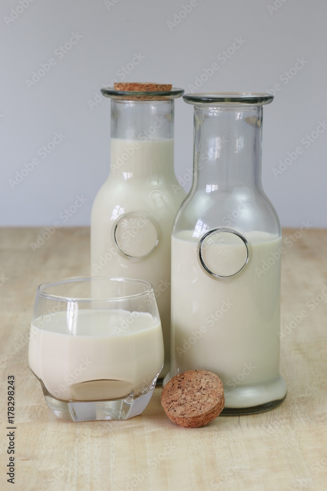 Milk in glass bottles, closeup, background Milk in glass bottles, closeup, background