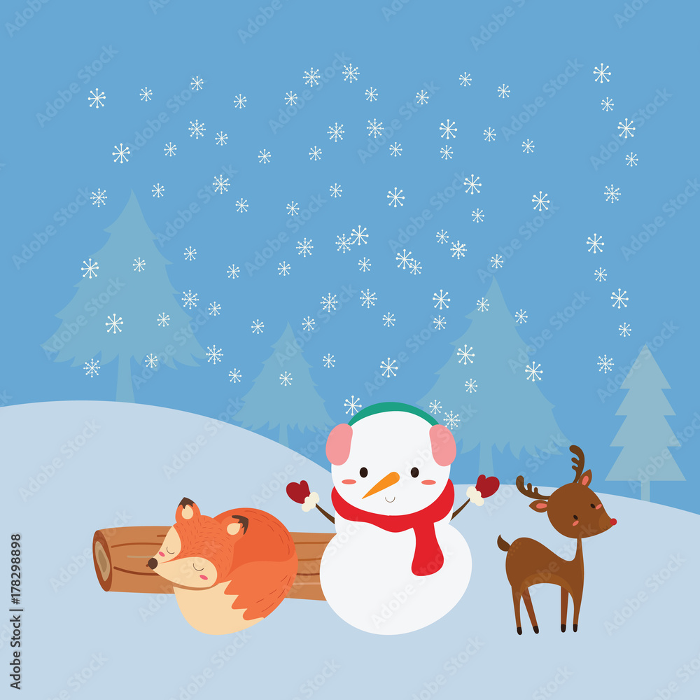Snowman and Cute Fox,Cute Deer in winter Snowman and Cute Fox,Cute Deer in winter