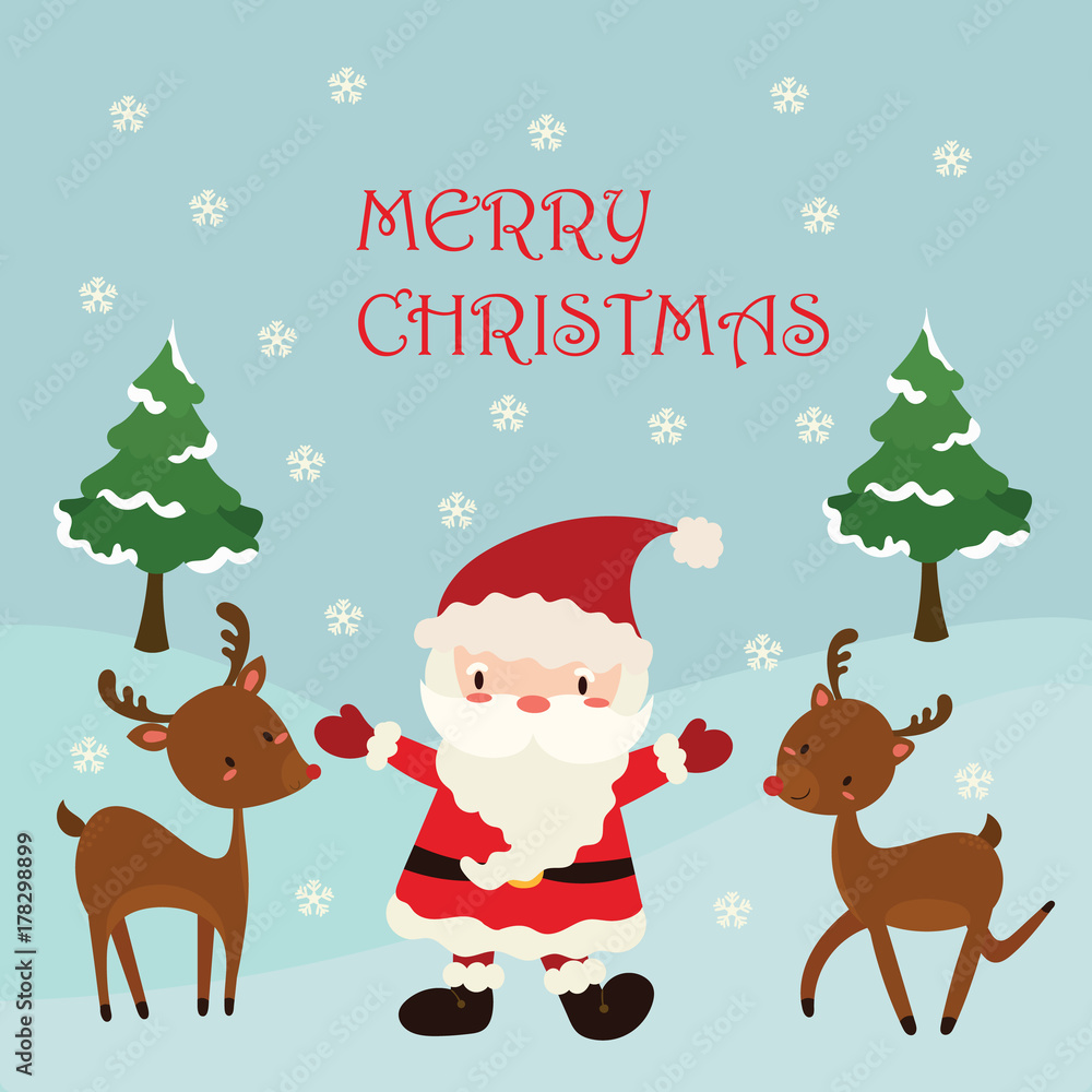 Christmas Greeting Card with Christmas Santa Claus ,Snowman and reindeer. Vector