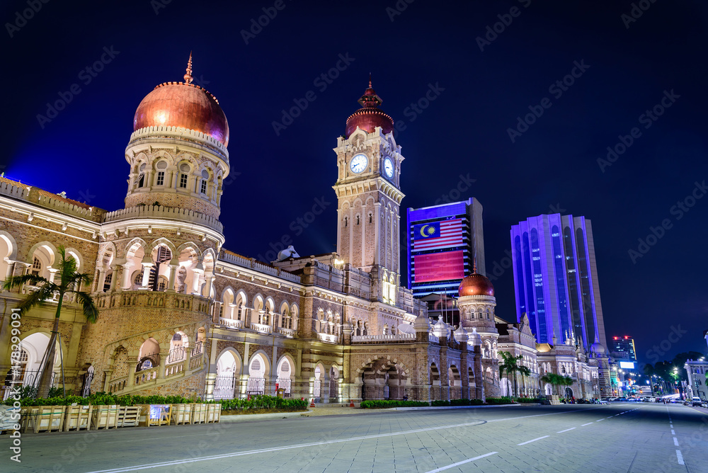 Merdeka Square in downtown Kuala Lumpur at night in Malaysia