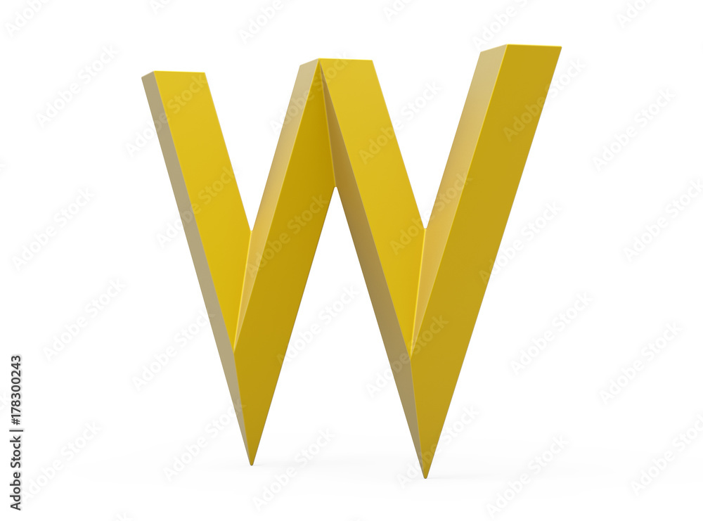 3D render golden beveled alphabet W 3D render golden beveled alphabet W