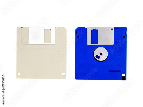 Two floppy disk or diskette for PC computer isolated on white background
