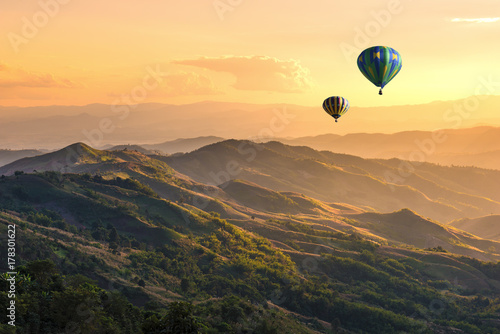 Hot balloon air over doi Chang at sunset ,Chiang Rai, Thailand.