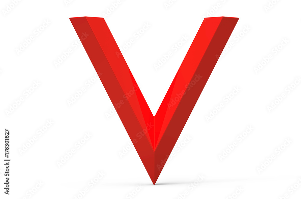 3D render red beveled alphabet V 3D render red beveled alphabet V