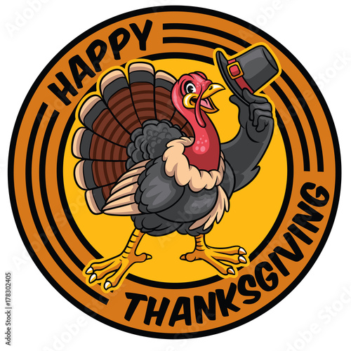 Turkey cartoon character holding the hat for thanksgiving celebration