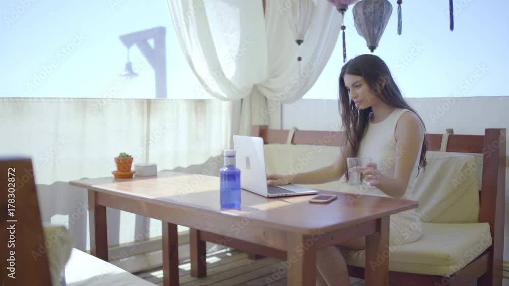 Beautiful woman using laptop in restaurant Beautiful woman using laptop in restaurant