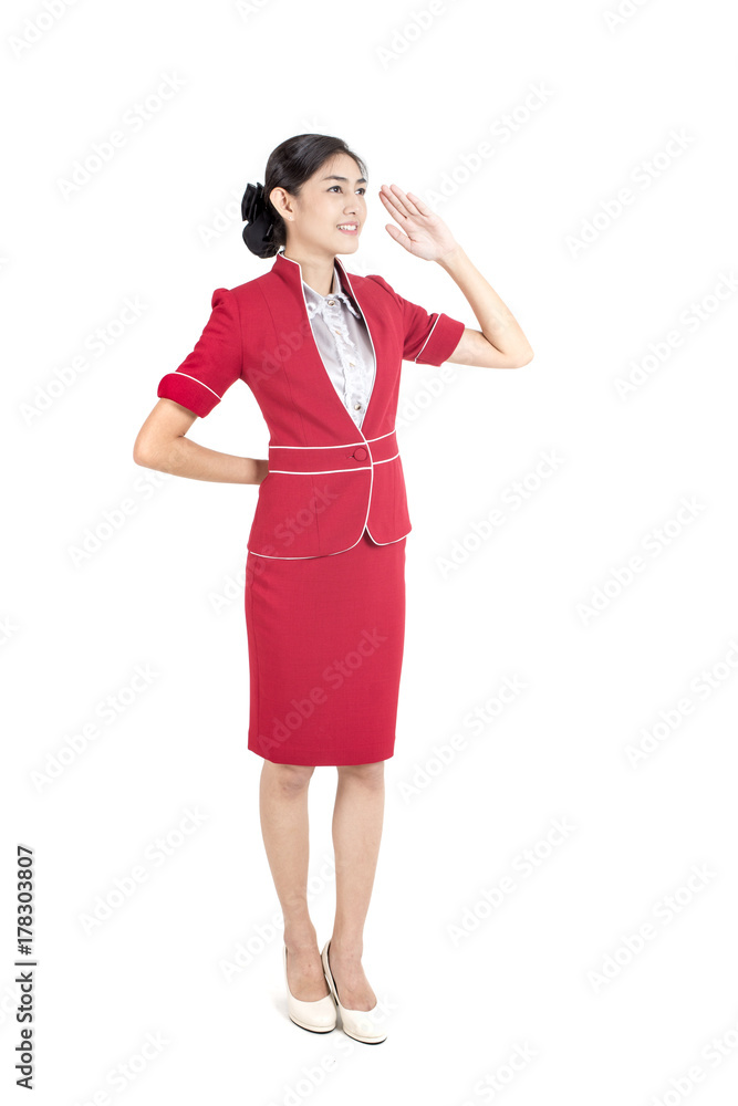 Portrait of Asian Air Hostess posing with White background, Woman stand and smile at isolated on white background, Woman with Air Hostess concept. Portrait of Asian Air Hostess posing with White background, Woman stand and smile at isolated on white background, Woman with Air Hostess concept.