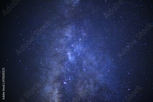 Close up of Milky way galaxy with stars and space dust in the universe  Long exposure photograph  with grain.