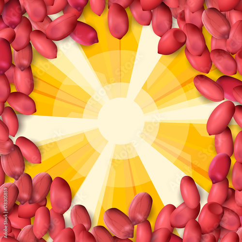 Arachis or peanuts background with red scattered nuts and beans