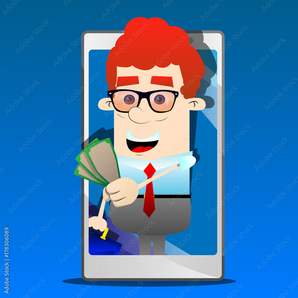 Cartoon businessman giving cash, from a smartphone screen. Concept of online success, achievement, wealth. Vector illustration. Cartoon businessman giving cash, from a smartphone screen. Concept of online success, achievement, wealth. Vector illustration.