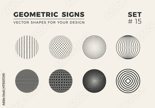 Set of eight minimalistic shapes. Stylish vector logo emblems for Your design. Simple creative geometric signs collection.