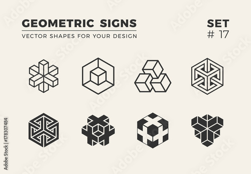 Set of eight minimalistic shapes. Stylish vector logo emblems for Your design. Simple creative geometric signs collection.