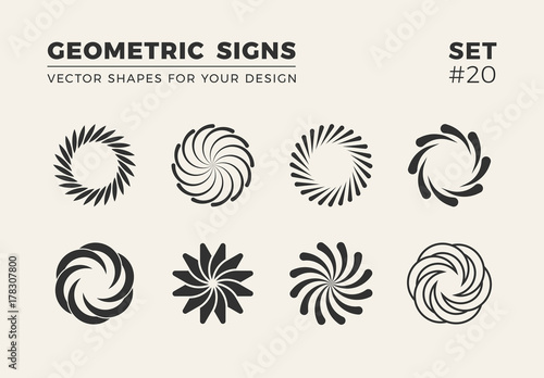 Set of eight minimalistic shapes. Stylish vector logo emblems for Your design. Simple creative geometric signs collection.
