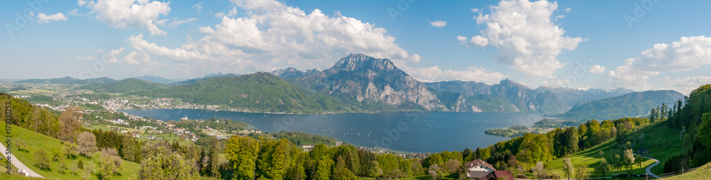 panorama of mount Traunstein and lake Traunsee in Austria
