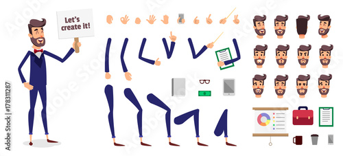 Businessman constructor or male cartoon vector person character creation set. Parts body template for design, game or animation. Back, front, side head. Avatar of a young men with different emotions