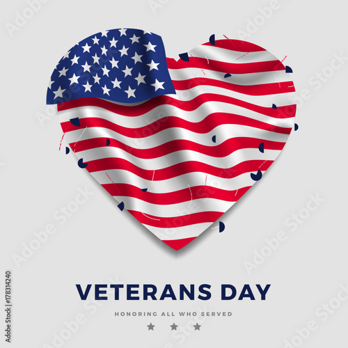 Veterans day poster, realistic American flag with folds in the shape of heart and text on gray background and. 3d illustration. Vector