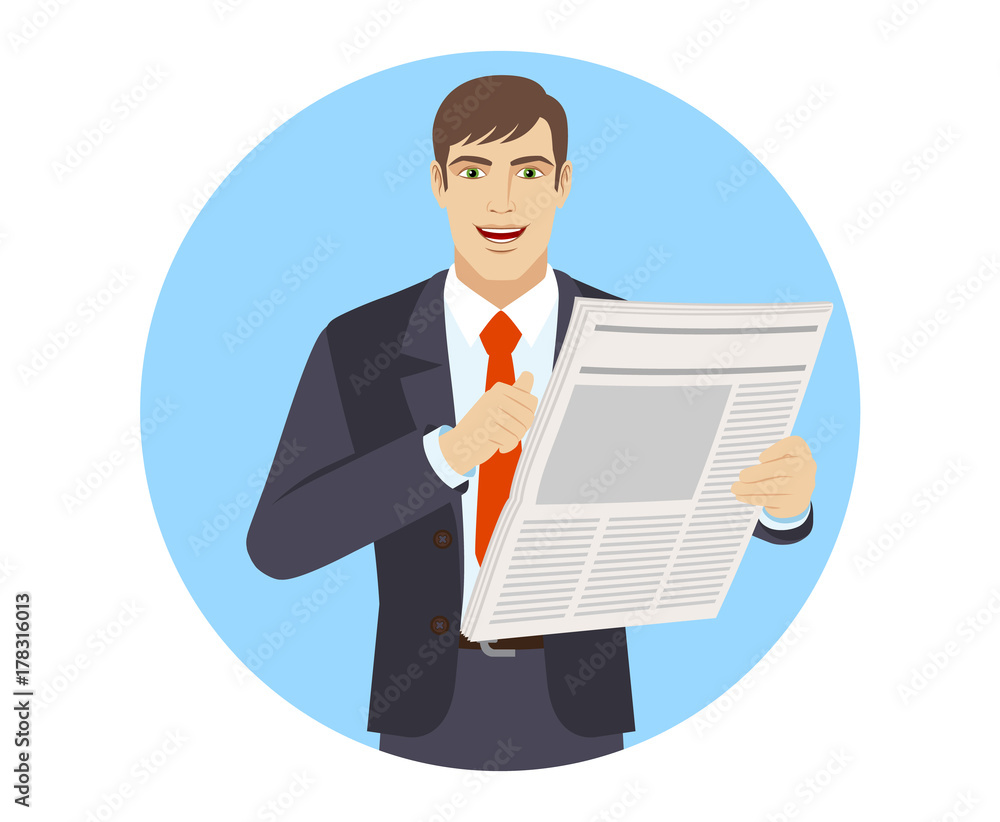 Businessman with newspaper pointing at himself Businessman with newspaper pointing at himself