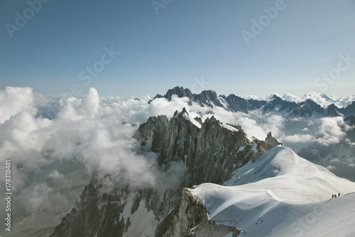 View of three aplinists climbing to montblanc. Beautiful Landscape, France. photo